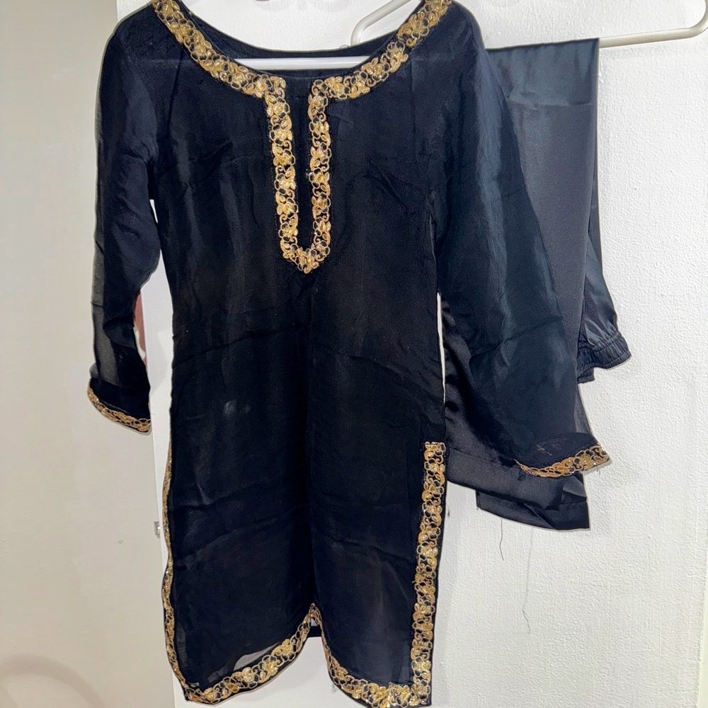 Elegant Black Chiffon Kameez with Silk Trousers & Gold Detailing – Size Small